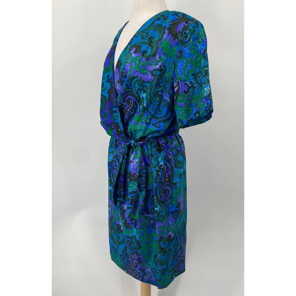 Vintage 80s Silk Faux Wrap Abstract Printed Mini Dress Blue Green NEW Womens 10 - Picture 4 of 9